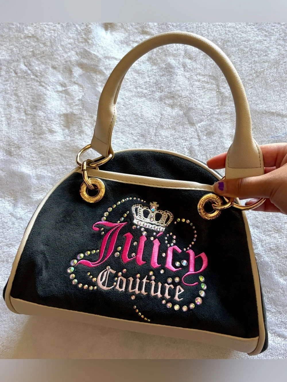 Juicy Couture Black Satchel with Cream Trim and Pink Logo